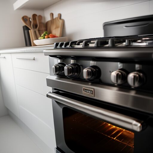 Image of a newly installed gas cooker in a bright, white kitchen.
